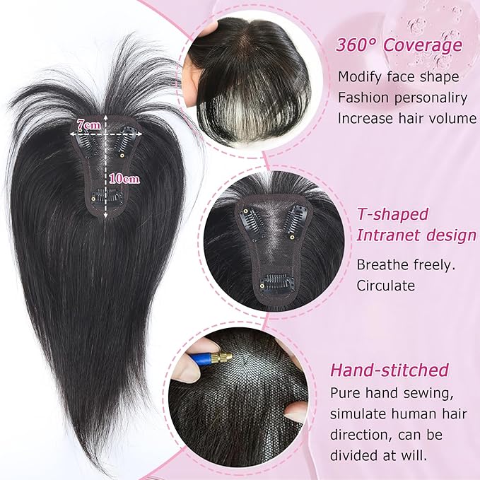 Hair Toppers for Women Real Human Hair Clip in Bangs 360° Cover Remy Human Hair Topper with Bangs for Thinning Realistic Scalp Upgrade Swiss Lace Base Hairpieces Cover Gray Hairy Roots Natural 1B