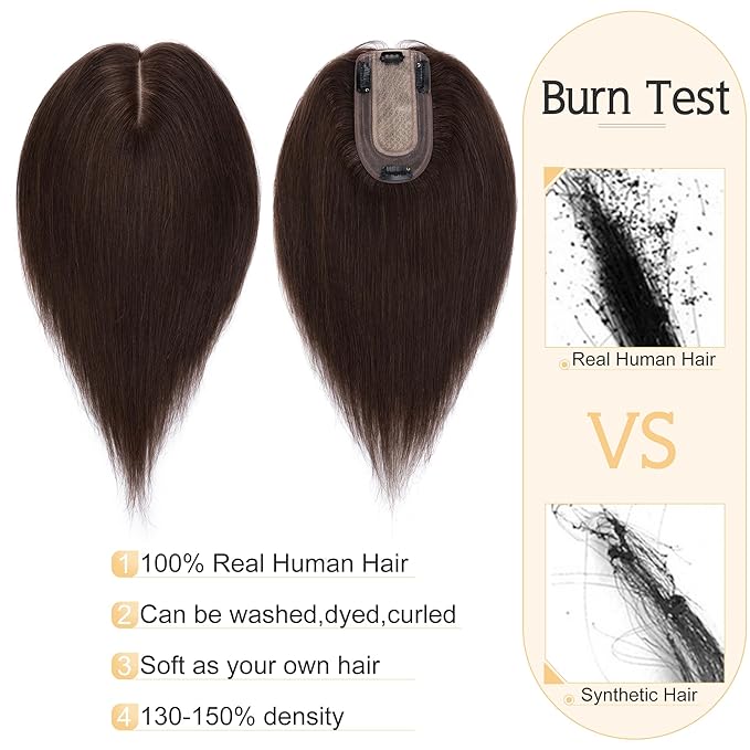 SEGO Human Hair Toppers for Women With Thinning Hair, 7 * 13CM Silk Base 100% Real Human Hair Clip in Top Wiglet Hairpieces -12 Inch No Bangs Dark Brown
