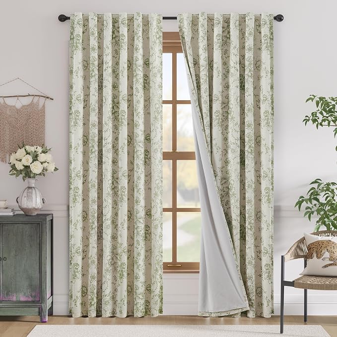 jinchan Green Floral Linen Blackout Curtains 84 Inch Back Tab 2 Panels | by JINCHAN