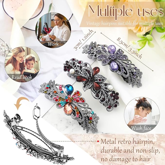 Geyoga 6 Pieces Vintage Hair Barrettes for Women Retro Flower French Pearl Crystal Rhinestones Clips Hair Pins for Women Styling Accessories(Delicate Style)