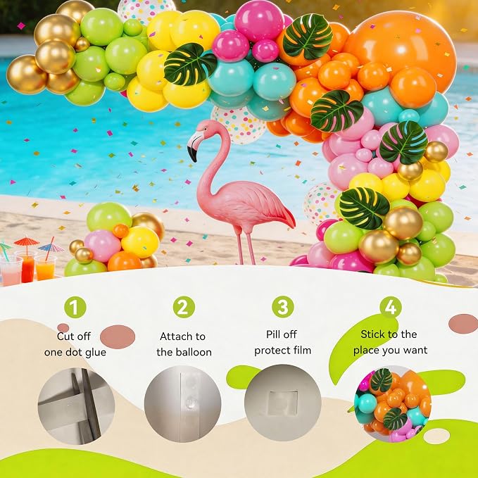 142pcs Summer Hawaiian Tropical Neon Balloon Arch Kit, Palm Leaves | Flamingo - Image 4