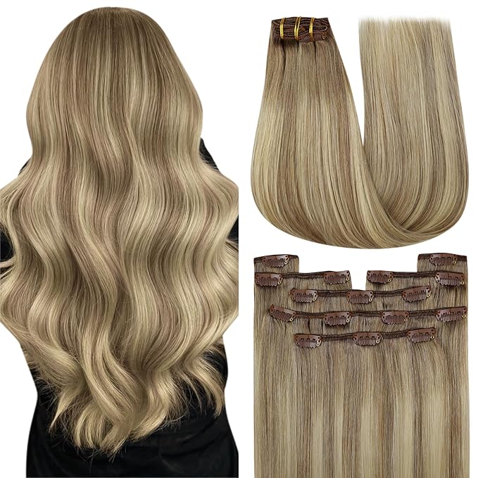 YoungSee Balayage Clip in Human Hair Extensions Light Brown Mix Blonde Balayage Straight Clip on Hair Extensions for Women Light Brown Real Human Hair Extension Clip ins 120G 14In 7Pcs