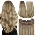 YoungSee Human Hair Clip in Extensions Balayage Light Brown Mix Blonde Invisible Clip in Hair Extensions Human Hair Light Brown Real Human Hair Extensions Clip ins for Full Head 22Inch 7Pcs 120G