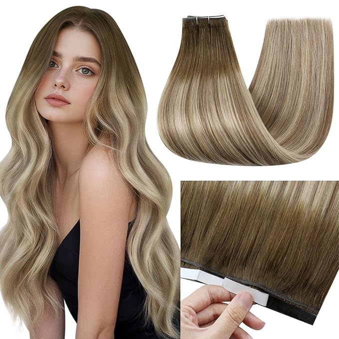 Full Shine Genius Weft Hair Extension Human Hair Color 3 Dark Brown Ombre 8 Ash Brown And 22 Blonde Seamless Tape in hair Extensions for Women Cuticles Aligned lightweight 24Inch 50G One Piece
