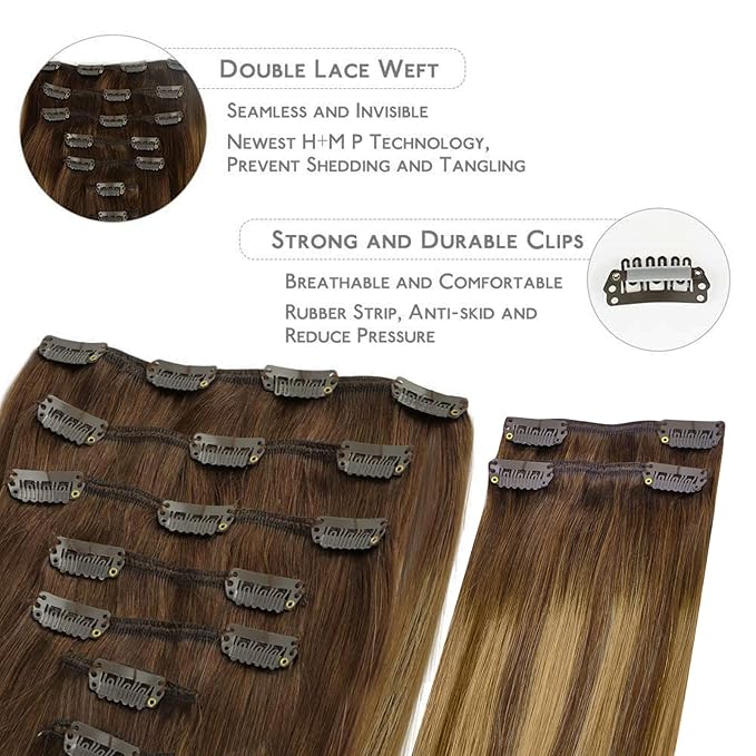 WENNALIFE Clip in Hair Extensions, 150g 24 Inch 9pcs Balayage Chocolate Brown to Caramel Blonde Remy Hair Thicker Double Weft Extensiones De Cabello Humano Con Clip Ins Straight Full Volume
