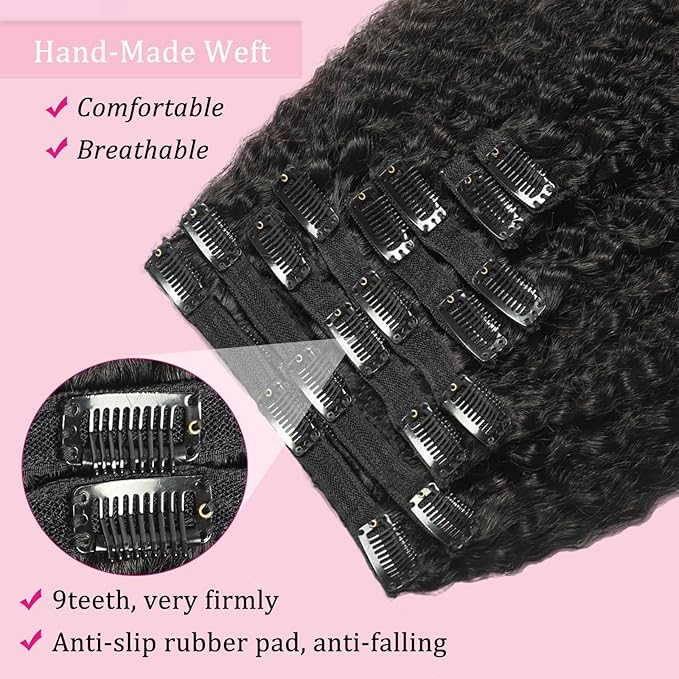Clip in Hair Extensions Real Human Hair 125g 8Pcs/Set Kinky Straight Clip Ins Brazilian Human Hair for Black Women Seamless Clip on Hair Extensions Double Weft with 18Clips (24Inch)