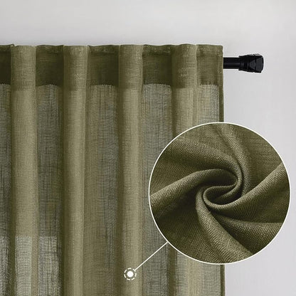 MIULEE Light Olive Green Linen Curtains 52x96 Inch Long 2 Panel - Image 2