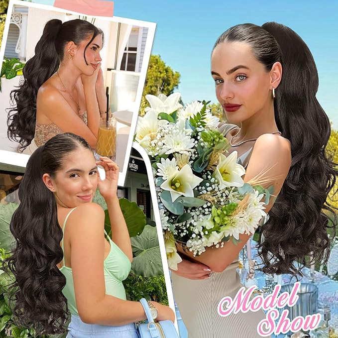 ALXNAN Ponytail Extension,24 Inch Claw Clip in Long Curly Wavy Black Brown Ponytail Hair Extension Jaw Clip on Pony Tails Hairpiece for Women