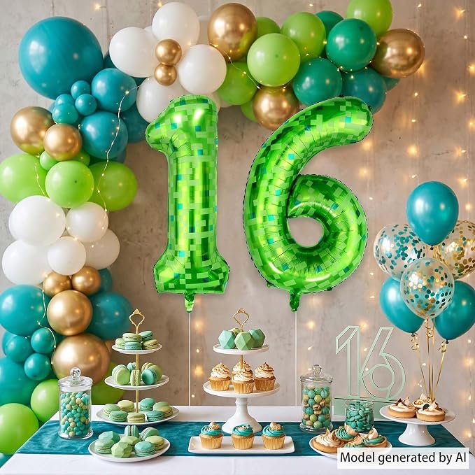 40 Inch Lime Green Pixel Number 16 Balloon, Level 16 Boy Gamer Decor | 40" - Image 5