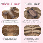 Hairro Human Hair Toppers with Side Bangs, 3D 360° Seamless Real Hair Toppers, Hand-Tied with 3.5"x4.7" T-shaped Base, Clip-In Hairpieces to Add Volume on Top, 11 Inch Medium Brown Mix Dark Blonde