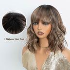 NOBLE Bob Wig with Bangs Short Wavy Wig for Women Ombre Mix Blonde Shoulder Length Wig Heat Resistant Synthetic Wigs for Daily Party Use 12 Inches