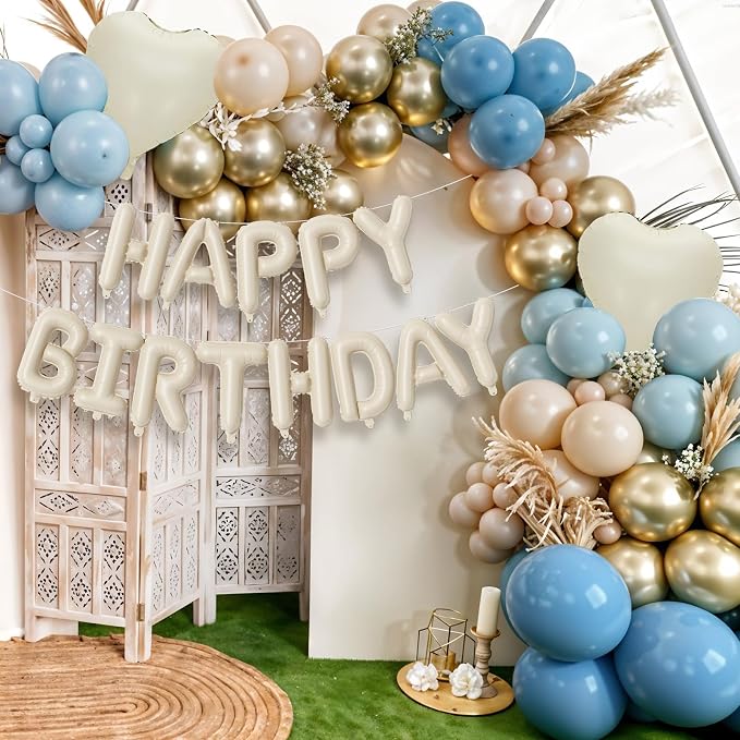 Happy Birthday Balloon Banner Cream Blue, 16 Inch Beige Mylar Letters Heart - Image 5