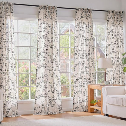 Black Vintage Floral Linen Curtains Farmhouse 38W X 96L 2 Panels | Elisa Series - Image 6