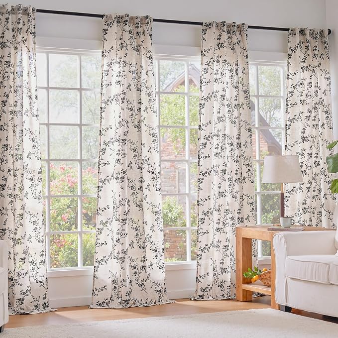 Black Vintage Floral Linen Curtains Farmhouse 38W X 84L 2 Panels | Elisa Series - Image 6