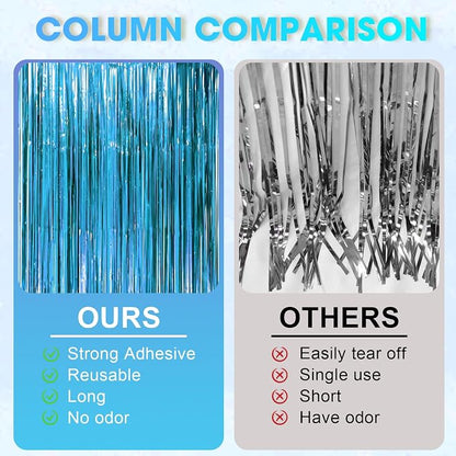 Voircoloria Retro Blue Foil Fringe Backdrop Curtains, 3 Pack | Tinsel Streamers - Image 3