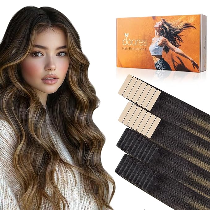 DOORES Injected Tape in Extensions Human Hair Invisi Edge, Dark Brown to Chestnut Brown 20 Injection Tape-ins with 20 Classic Tape-ins 100g 20 Inch, Injected Tape in Extensions
