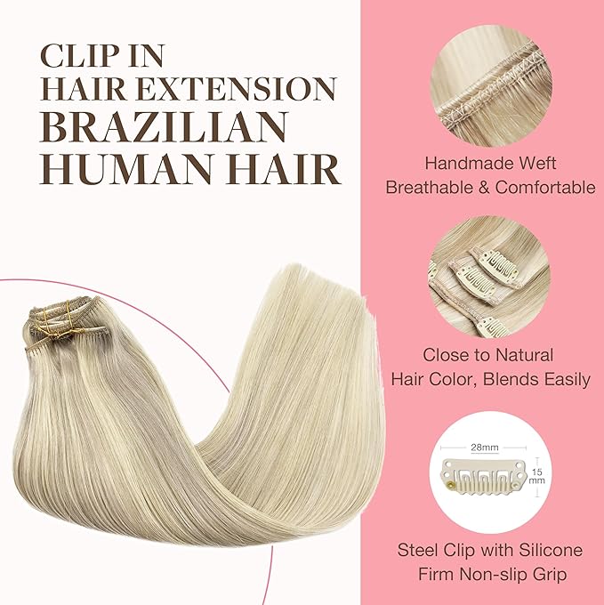 GOO GOO Clip in Hair Extensions Real Human Hair, Remy Human Hair Extensions Clip ins for Women, Natural Human Hair, 18inch 120g 7Pcs, 17A/60A Ash Blonde Highlighted Platinum Blonde