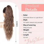 Flufymooz Ponytail Extension, Flexible Wrap Around Ponytail Extension Long Wavy Curly Ponytail Hair Extensions Natural pony tail Synthetic Hairpiece for Women 32 Inch (Chocolate Brown to Light Brown)