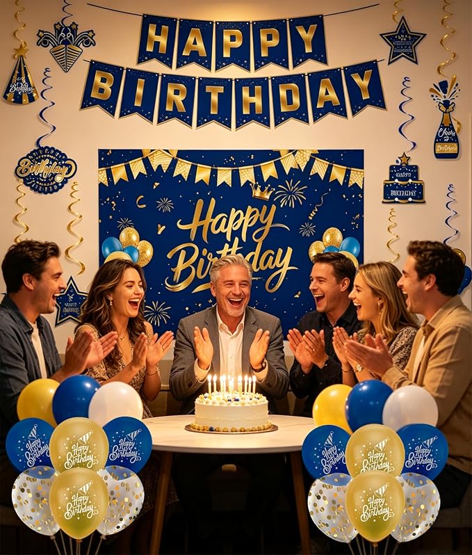 Blue Gold Birthday Decorations for Men Women | Pre-Strung Happy Birthday Banner - Image 2
