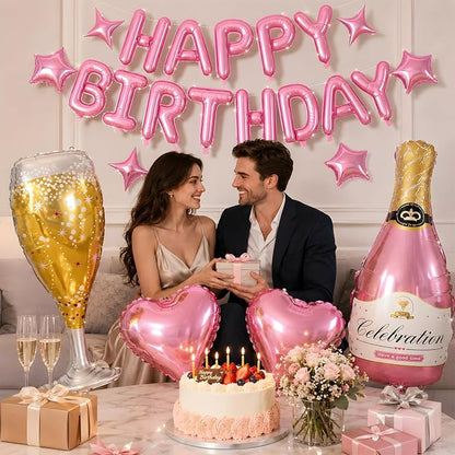 Pink Happy Birthday Balloons Banner, Star Heart Balloons, Champagne Bottle - Image 4