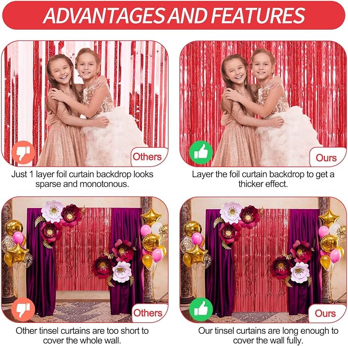Crosize 2 Pack Red Party Streamers Backdrop, 3.3 x 9.9 ft | Tinsel Foil Fringe - Image 3