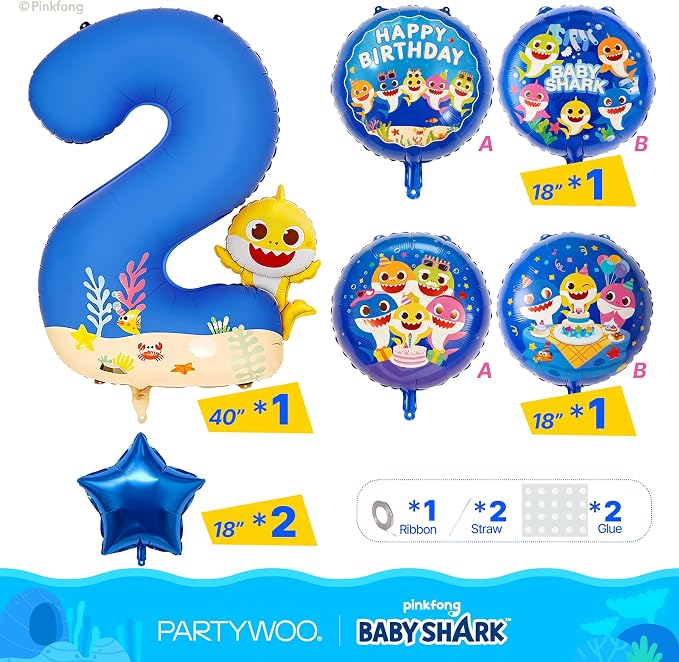 PartyWoo Baby Shark Blue Foil Round Star Mylar Number 2 Balloons 5pcs | Balloons - Image 3