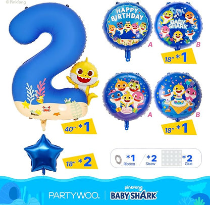 PartyWoo Baby Shark Blue Foil Round Star Mylar Number 2 Balloons 5pcs | Balloons - Image 3