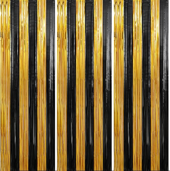 3 Pack 3.3 x 9.9 ft Black & Gold Tinsel Streamers Party Decorations | Foil by Crosize