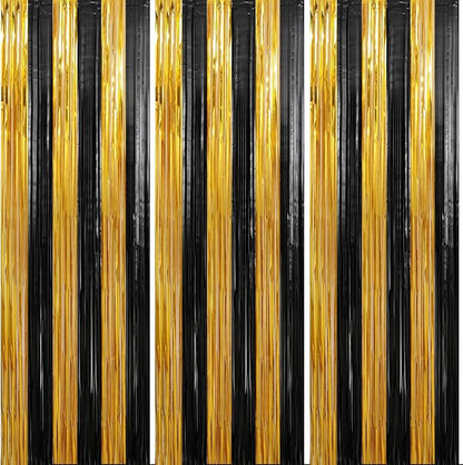 3 Pack 3.3 x 9.9 ft Black & Gold Tinsel Streamers Party Decorations | Foil by Crosize