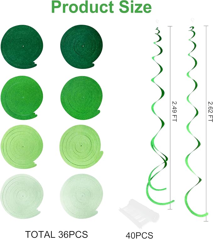 36Pcs Green Hanging Swirl Decorations Ombre Green Felt Swirl Streamer Spiral - Image 2