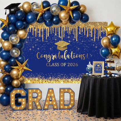 Mocsicka Blue and Gold Graduation Backdrop Congratulations Class of 2026 - Image 2