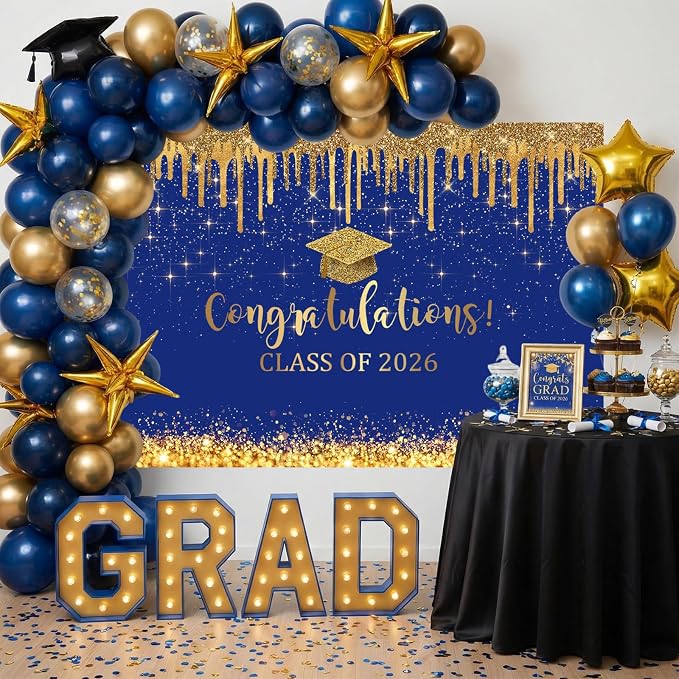 Mocsicka 7x5ft Blue and Gold 2026 Graduation Backdrop Glitter Background Class - Image 2
