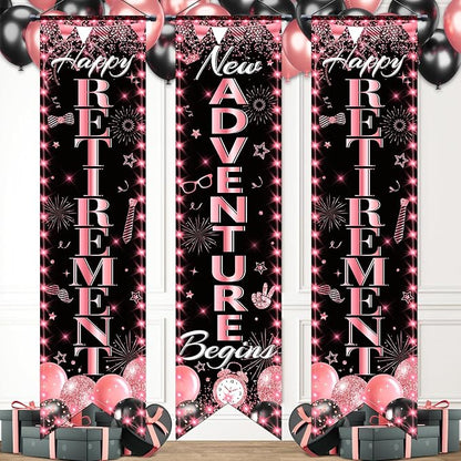 3Pcs Retirement Porch Sign Door Hanging Banner Rose Gold Happy Retirement by TagreSpike