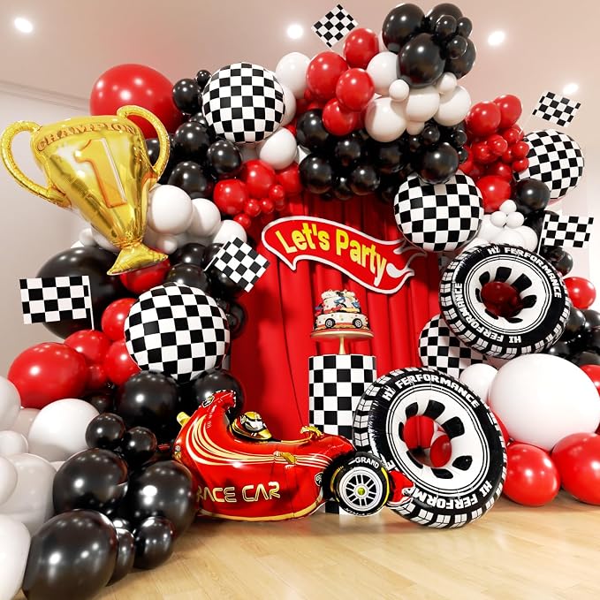 Race Car Balloons Arch Kit -Trophy, Wheels and Red Black White Balloon Garland by Unknown