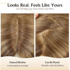 Large MONO Top Hair Toppers for Women Remy Human Hair 14 Inch 6"x7" Big Base Partial wig Cover Thinning Hair or Loss No Bangs Natural Wiglets(Light Brown Highlights)