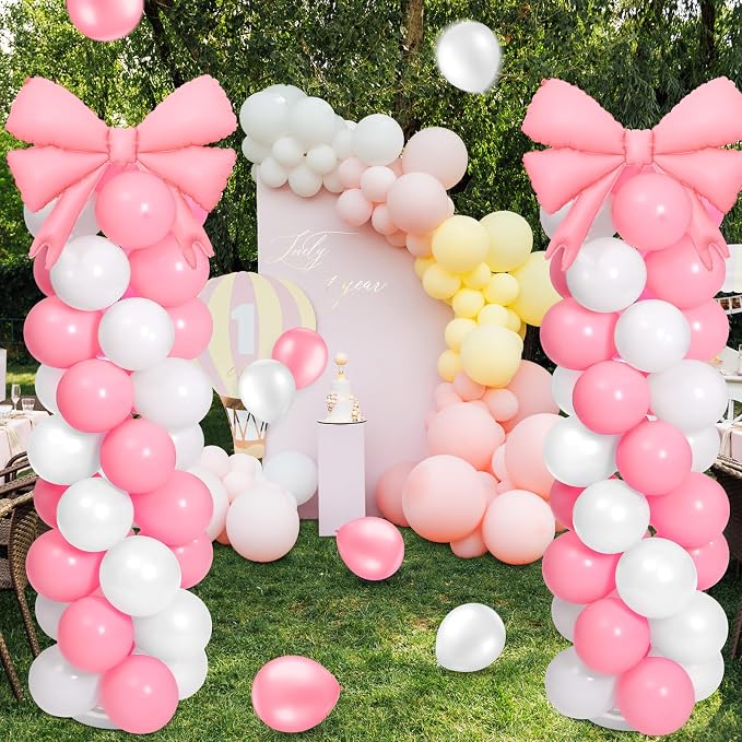 2 Sets Pink White Bow Balloon Column Stand Kit Includes 2 Bows & 100 Latex - Image 5