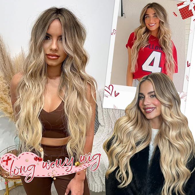 Ombre Blonde Wig for Women Long Wavy 4x1 Lace Natural Hairline Glueless for Beginners Middle Part Synthetic for Daily Party Use 30Inch