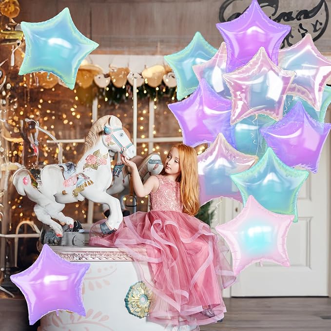 Iridescent Star Balloons, Gradient Iridescent Pink Purple Green Pentagram - Image 4