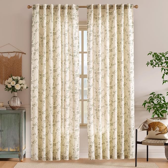 Green Vintage Floral Linen Curtains Farmhouse 50W X 84L 2 Panels | Elisa Series - Image 2