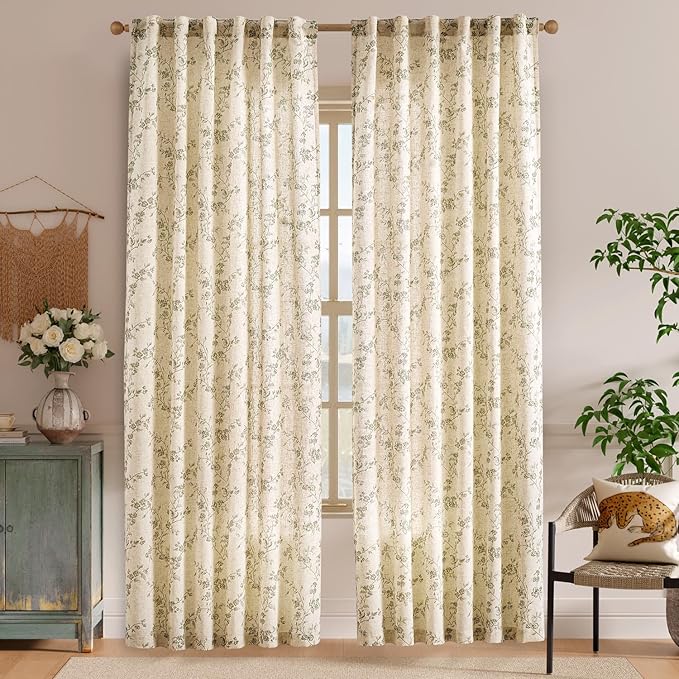 Green Vintage Floral Linen Curtains Farmhouse 50W X 90L 2 Panels | Elisa Series - Image 2