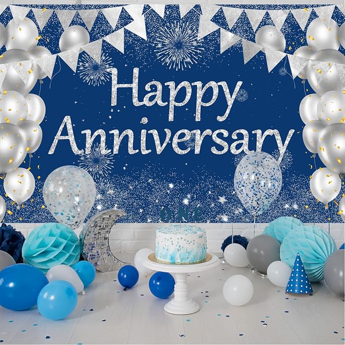 Blue Happy Anniversary Banner, Wedding Anniversary Sign Decorations Supplies - Image 3