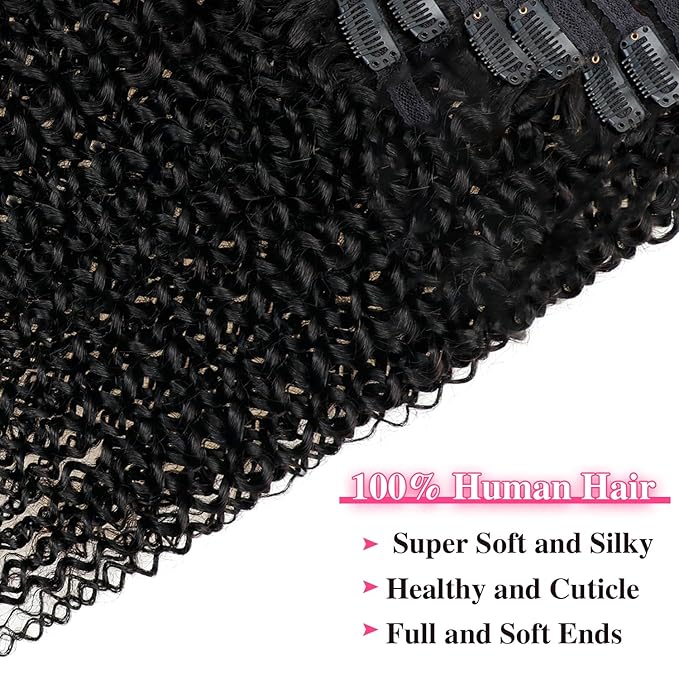 20 inch 3c 4a Kinky Curly Clip ins Real Human Hair for Full Head Full Curly Clip on Hair Extensions Natural Black Color Clip in Hair For Women 120g/pack(20inch,#1B)