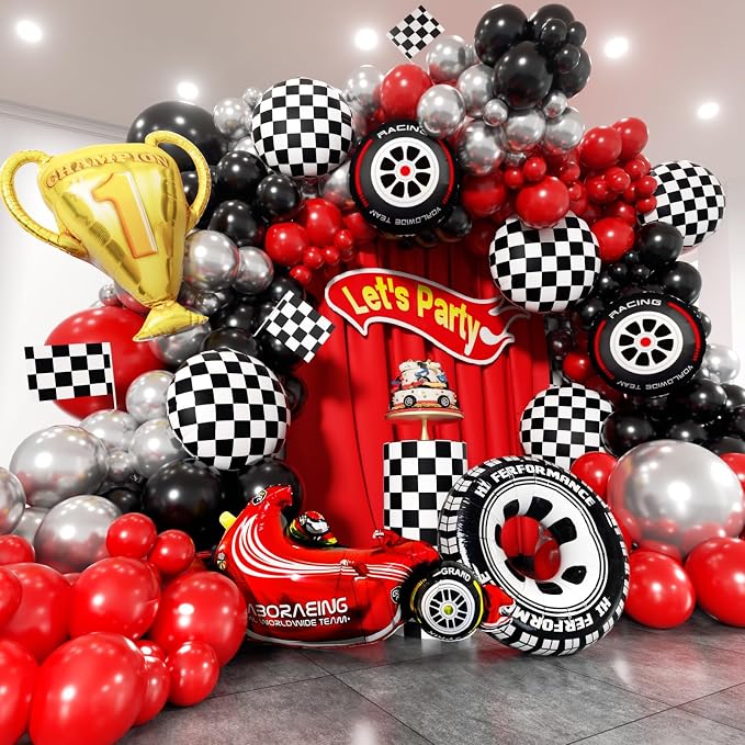Race Car Balloons Arch Kit -Trophy, Wheels and Red Black Silver Balloon Garland by Unknown
