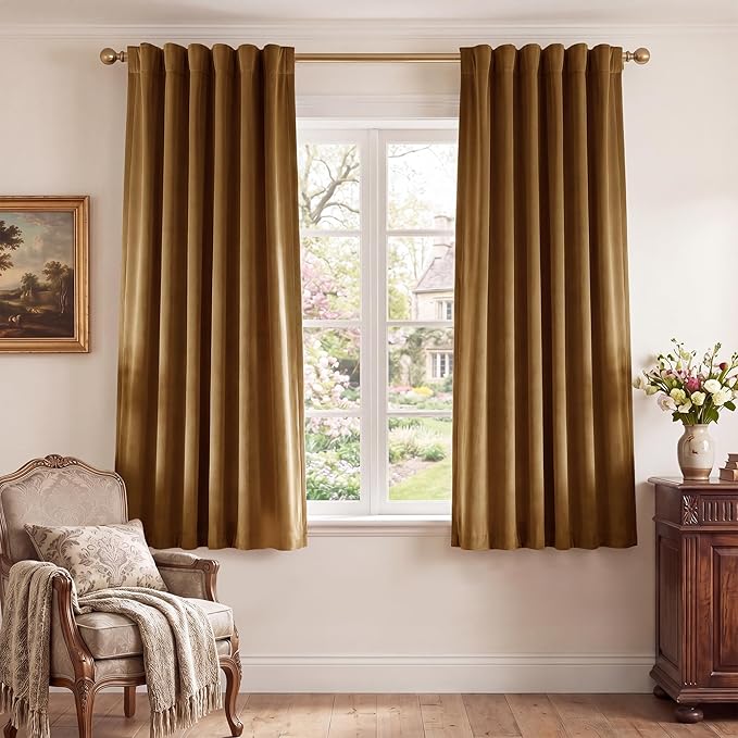 Gold Brown Velvet Curtains for Living Room Boho, W52 x L63, 2 Panels | 300GSM by StangH