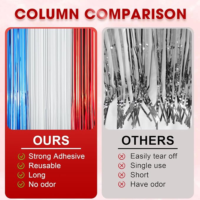 Voircoloria Red White Blue Foil Fringe Backdrop Curtains, 3 Pack | Tinsel - Image 5