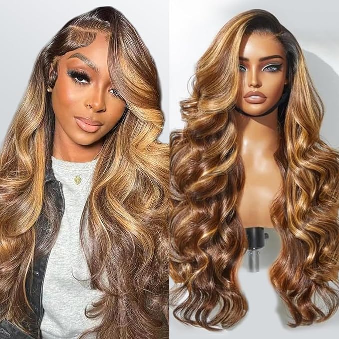 210% Density 13x6 Highlight Ombre Full Lace Frontal Wigs Human Hair 12A Body Wave Brazilian Human Hair Pre Plucked 4/27 Honey Blonde HD Glueless Transparent Lace with Baby Hair 20 Inch