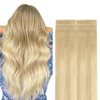 GOO GOO Invisi Edge Tape in Hair Extensions Human Hair, 18AT60A Pearl Ash Blonde Highlights, 6pcs 14inch 15g, Virgin Remy Hair, Seamless Injected Tape, Natural Look