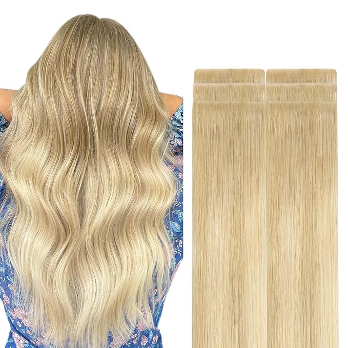 GOO GOO Invisi Edge Tape in Hair Extensions Human Hair, 18AT60A Pearl Ash Blonde Highlights, 6pcs 12inch 15g, Virgin Remy Hair, Seamless Injected Tape, Natural Look