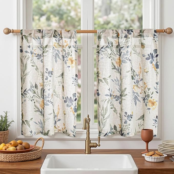 MYSKY HOME Floral Kitchen Curtains 36 Inch Length Linen Tier Curtains Farmhouse by MYSKYHOME
