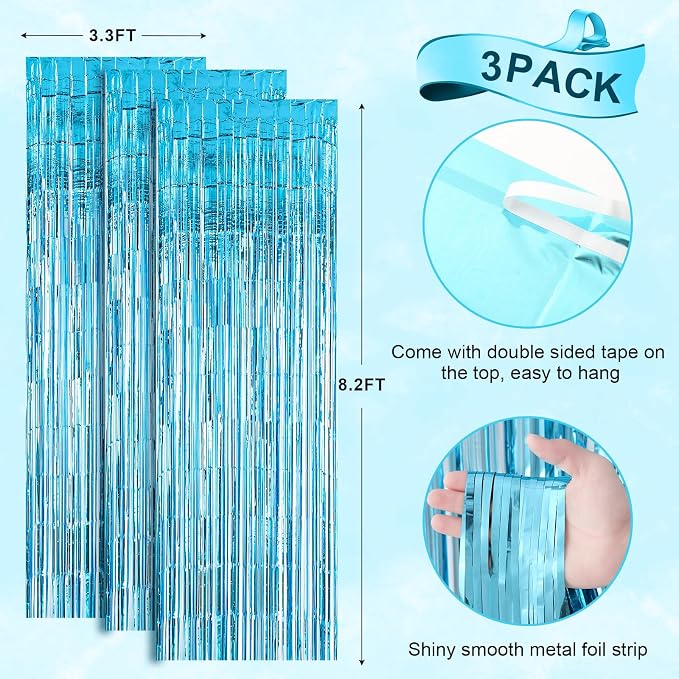 Voircoloria Light Blue Foil Fringe Backdrop Curtains, 3 Pack | Tinsel Streamers - Image 3